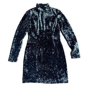 Milly Black Sequin Mock Neck Long Sleeve Bodycon Mini Cocktail Dress 8 USA